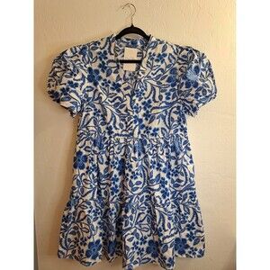Hey Sister & Co. NWT Blue White Floral Puff Sleeve Cotton A-Line Dress XL V-Neck